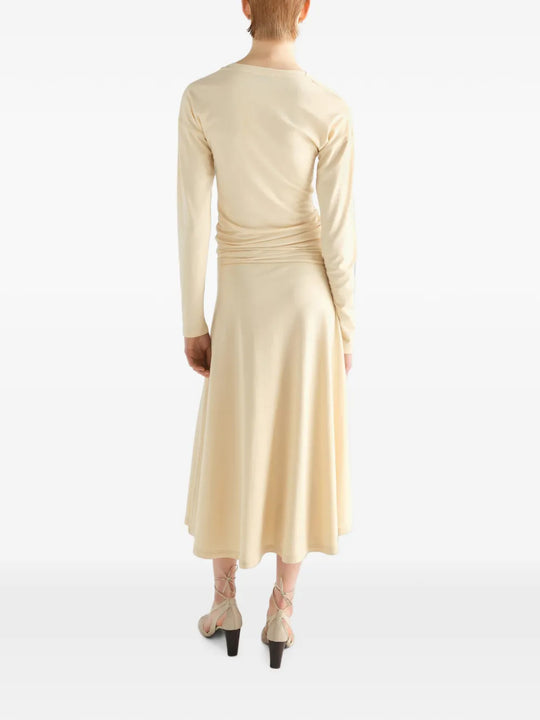 Tan dress, full body view