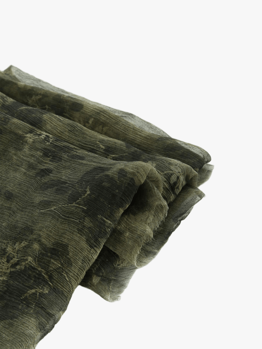 Close up of Green scarf, showing texture of the 100% silk fabric