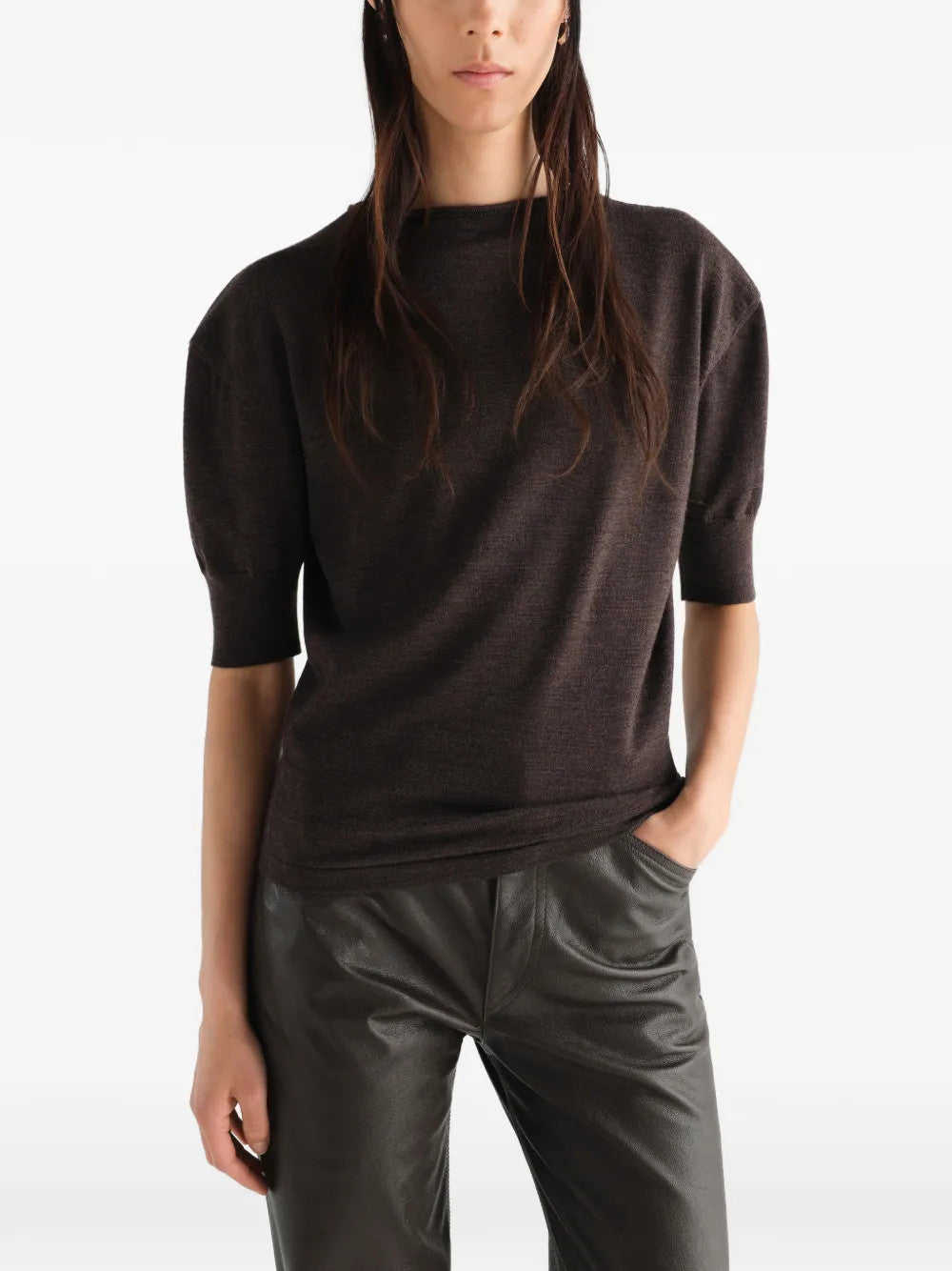 Brown knitwear, full body view
