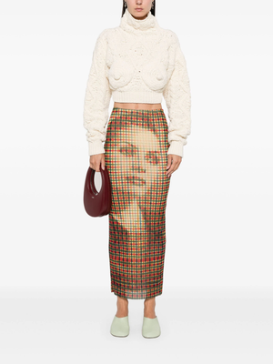 JEAN PAUL GAULTIER - Women Printed "Tartan Face" Mesh Long Skirt