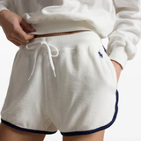 Close up of white short, showing texture of the cotton fabric
