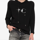 Black hoodie worn by a person, showing the hoodie fit