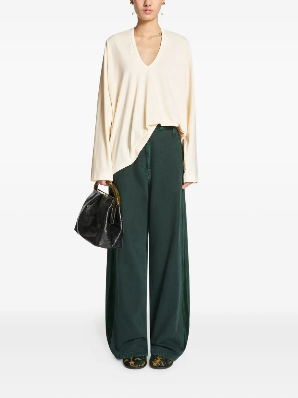 Green pants, full body view