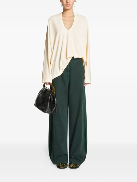 Green pants, full body view