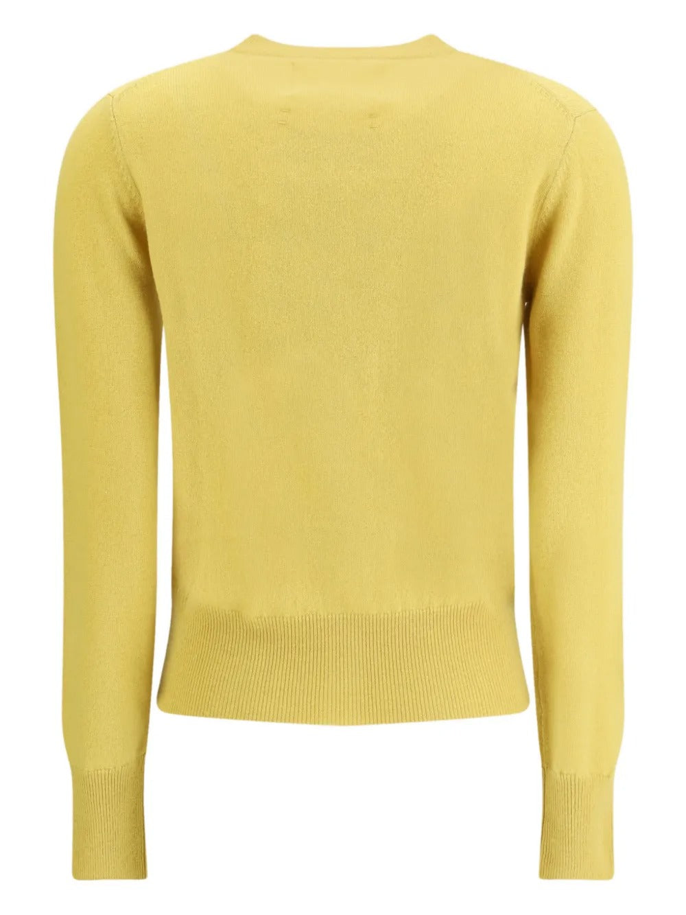 Yellow cardigan, back view