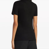 Black T-shirt worn by a person, showing the shirt's fit