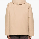 Tan coat worn by a  person, showing the coat's fit