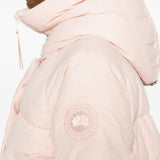 Close up of the pink coat, showing texture of the polyamide fabric