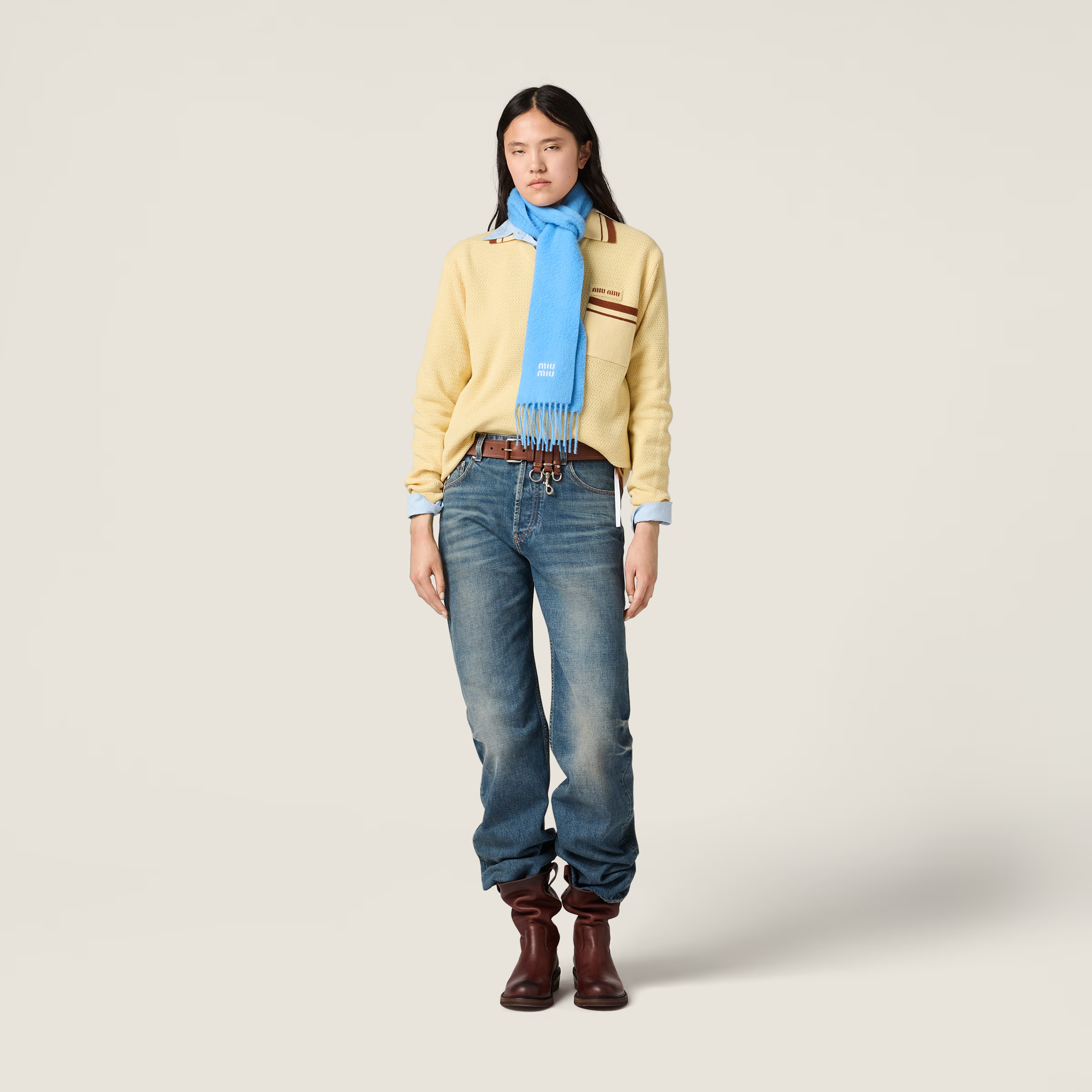 Yellow knitwear, full body view