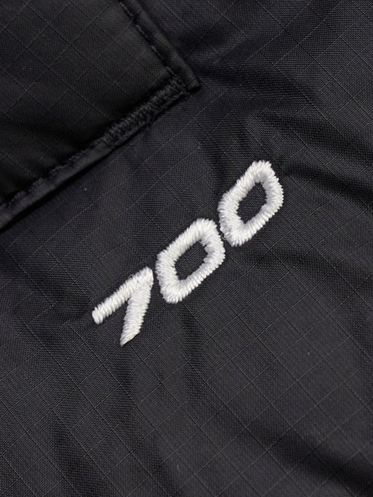 Close up of the black vest, showing texture of the nylon fabric