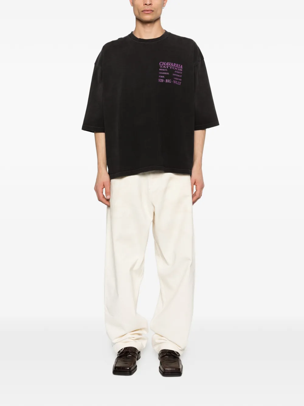 black t-shirt, full body view