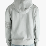 Grey hoodie worn by a person, showing the hoodie fit