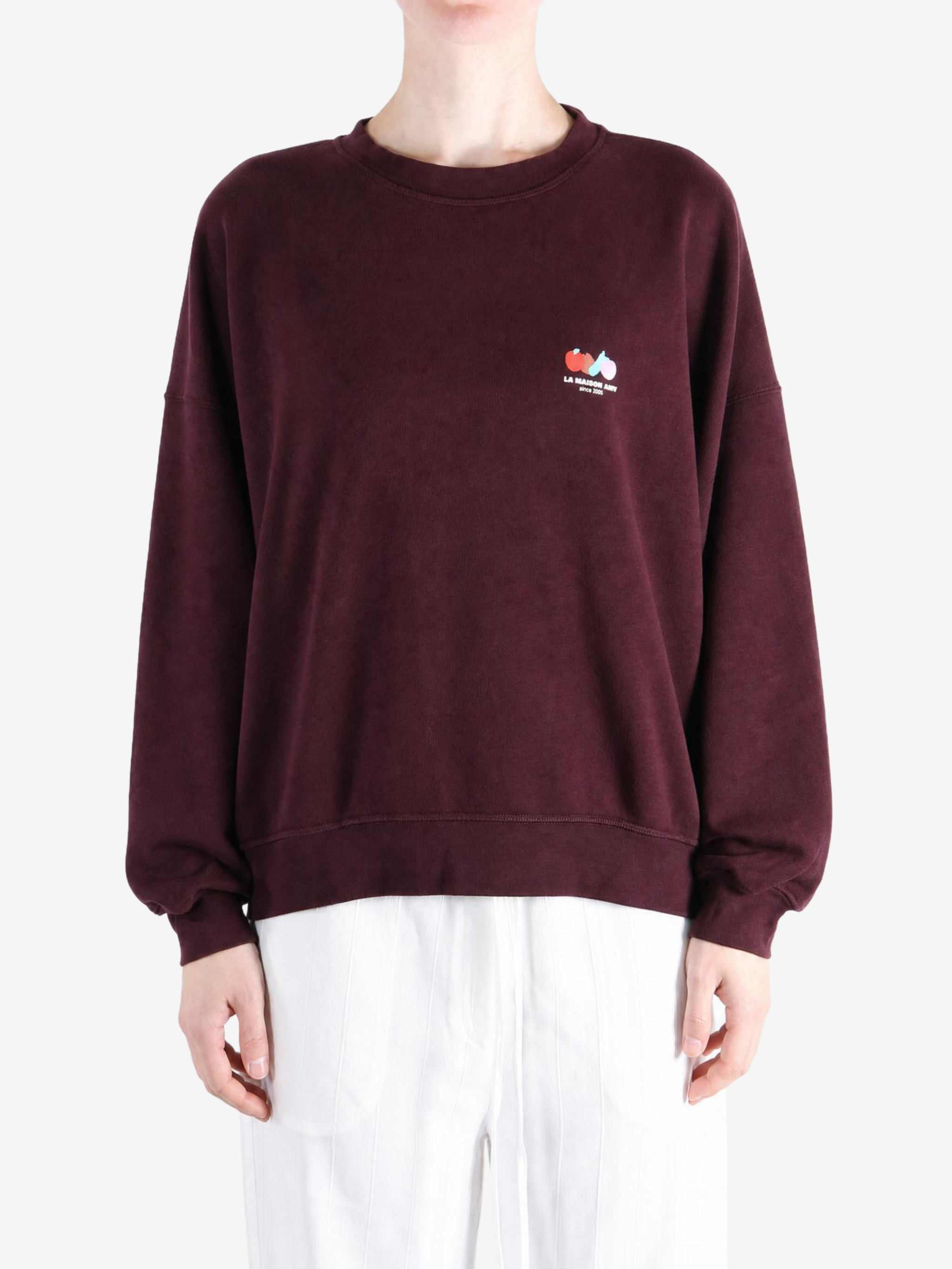 Burgundy hoodie, full body view
