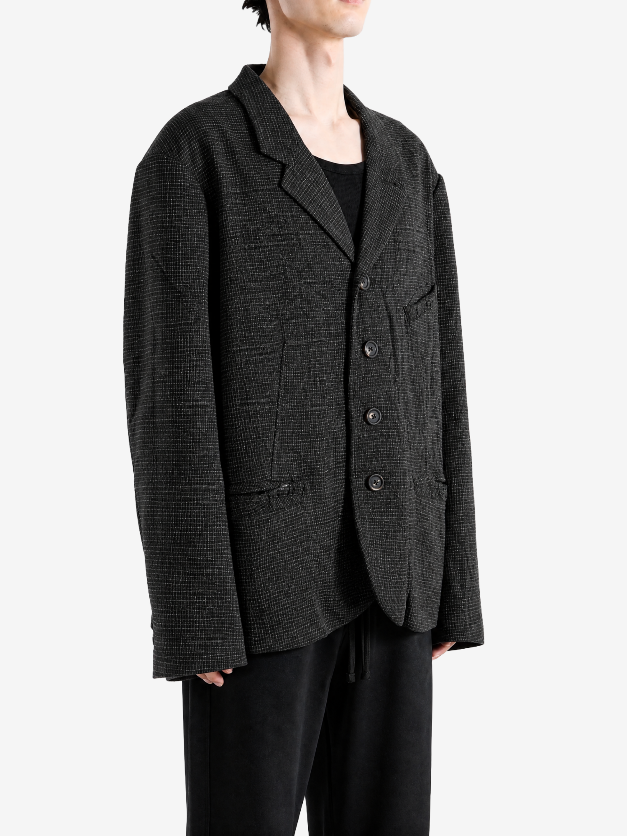 Grey blazer, full body view