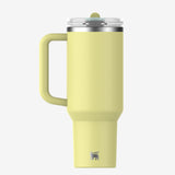 Yellow straw tumbler, back view