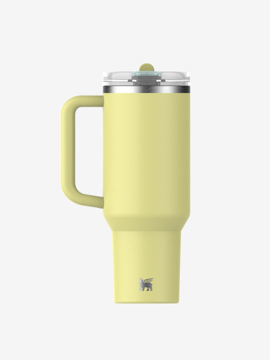 Yellow straw tumbler, back view
