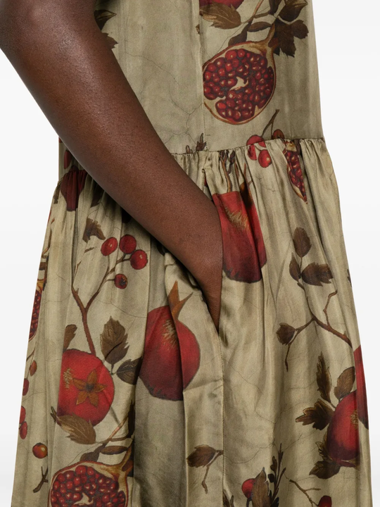 Close up of tan dress,showing texture of the viscose fabric.