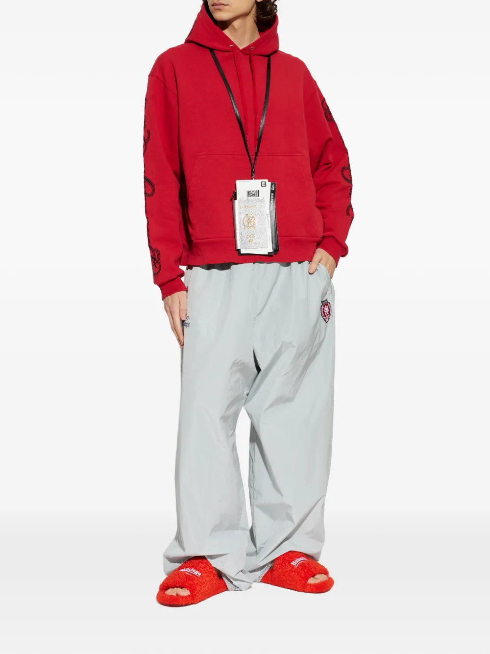 Red sweats-hoodies, full body view