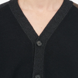Close up of the black cardigan, showing texture of the wool and polyamide fabric