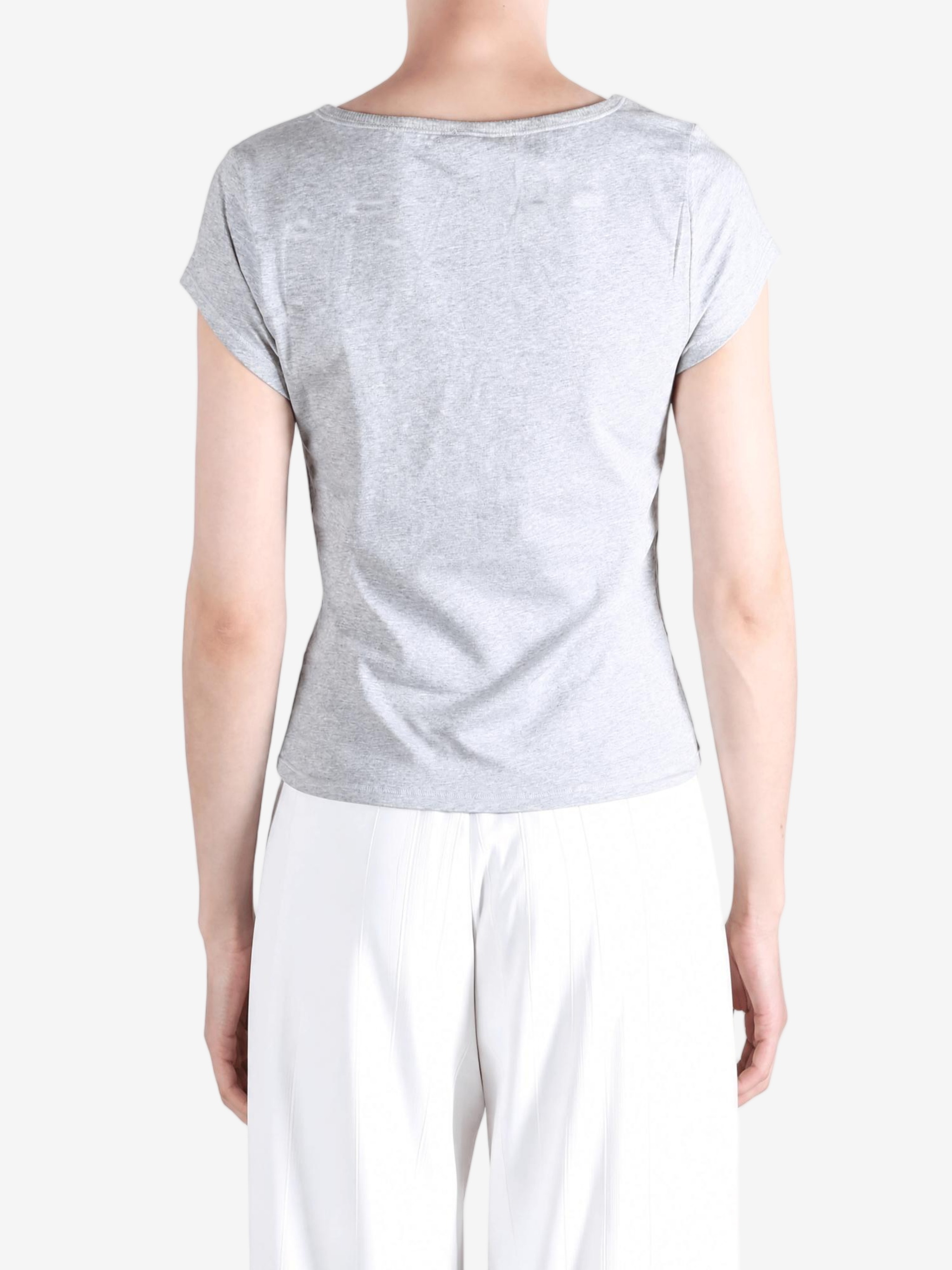 Grey shirt worn by a person, showing the shirt fit