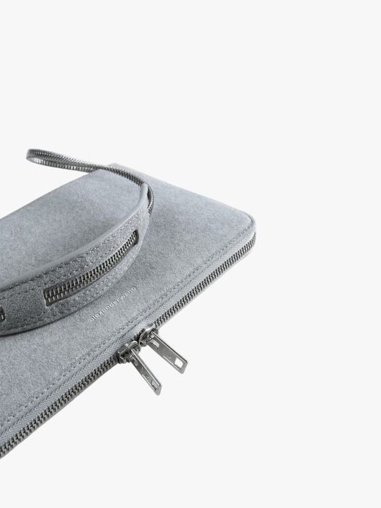 Close up of grey bag, showing the detail of the material