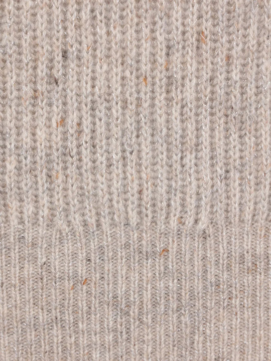 Close up of Tan hoodie, showing texture of the 48% cashmere/ 17% mohair/ 17% wool/ 15% polyamide/ 3% metallised fabric
