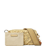 close up of tan bags, showing texture of the raffia fabric