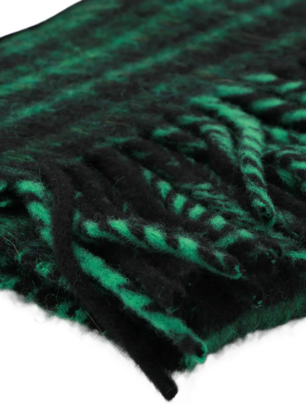 Close up of Green scarf, showing texture of the 89% virgin wool/ 4% alpaca wool/ 4% mohair/ 3% polyester made in fabric