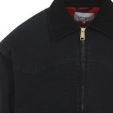 close up of black jackets-coats, showing texture of the cotton fabric 