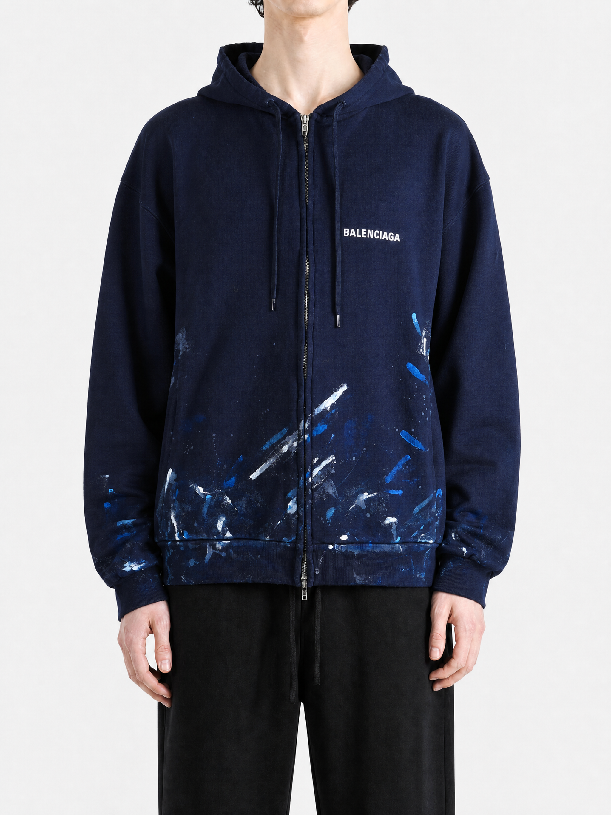 Navy jacket, full body view