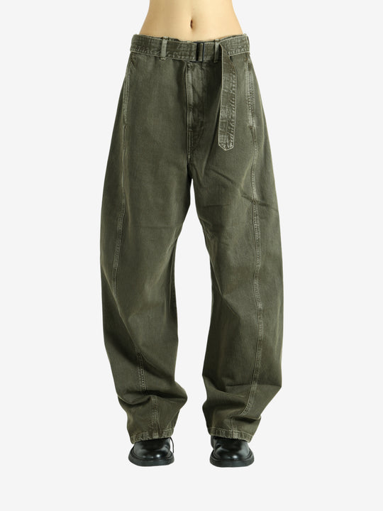 Green pants worn by a person, showing the pants fit