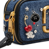 Close up of the blue bag, showing texture of the cotton fabric