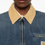 Close up of blue jackets-coats, showing texture of the cotton fabric