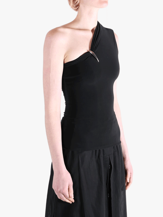 Black top worn by a person, showing the top's fit