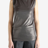 Grey tops worn by a person, showing the tops fit