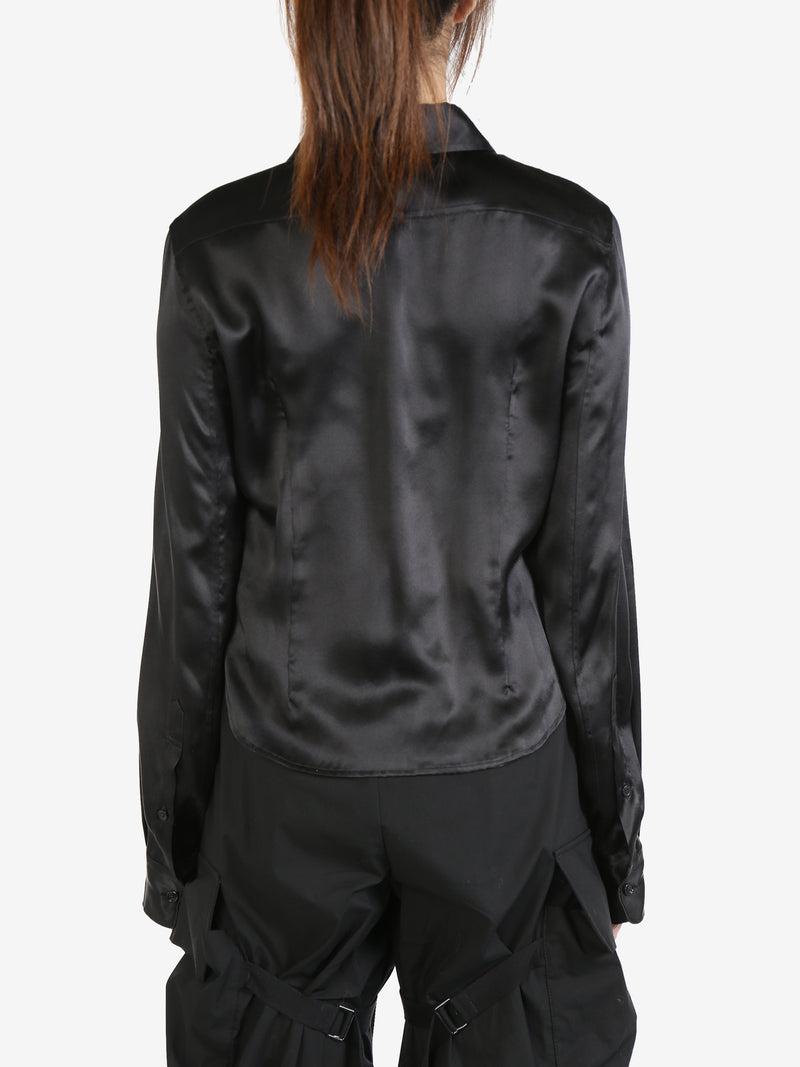 ANN DEMEULEMEESTER Women Satin Washed Silk Black Fira Rounded Cropped Slim Shirt