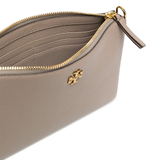 Close up of the grey bag, showing texture of the leather fabric