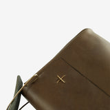 Close up of the green bag, showing texture of the leather fabric
