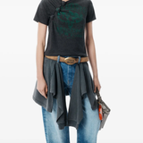 Black t-shirt worn by a person, showing the t-shirt's fit