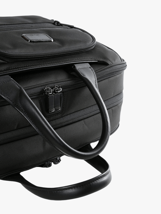 Close up of the black bag, showing texture of the nylon fabric