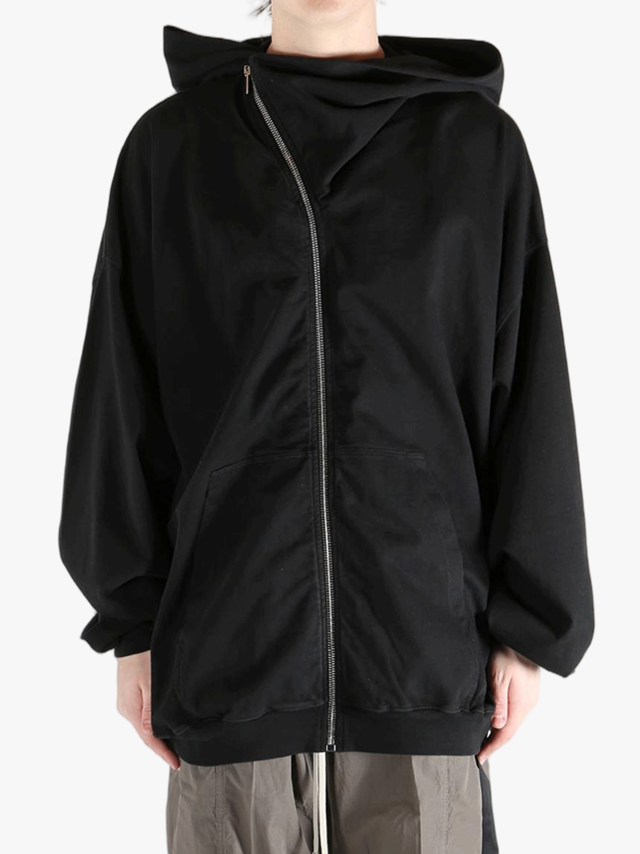 black sweats-hoodies worn by a person, showing the sweats-hoodies  fit