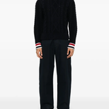 Navy knitwear, full body view