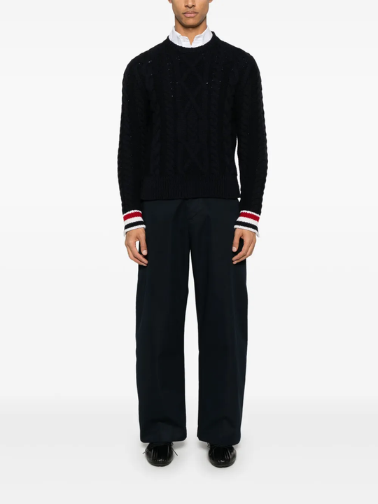 Navy knitwear, full body view