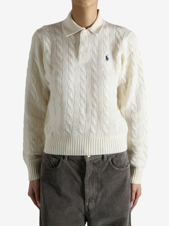 White sweater worn by a person, showing the sweater's fit