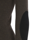 Close up of the brown jumper, showing texture of the cashmere and wool fabric