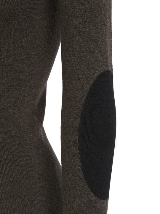 Close up of the brown jumper, showing texture of the cashmere and wool fabric