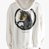 White hoodie worn by a person, showing the hoodie's fit