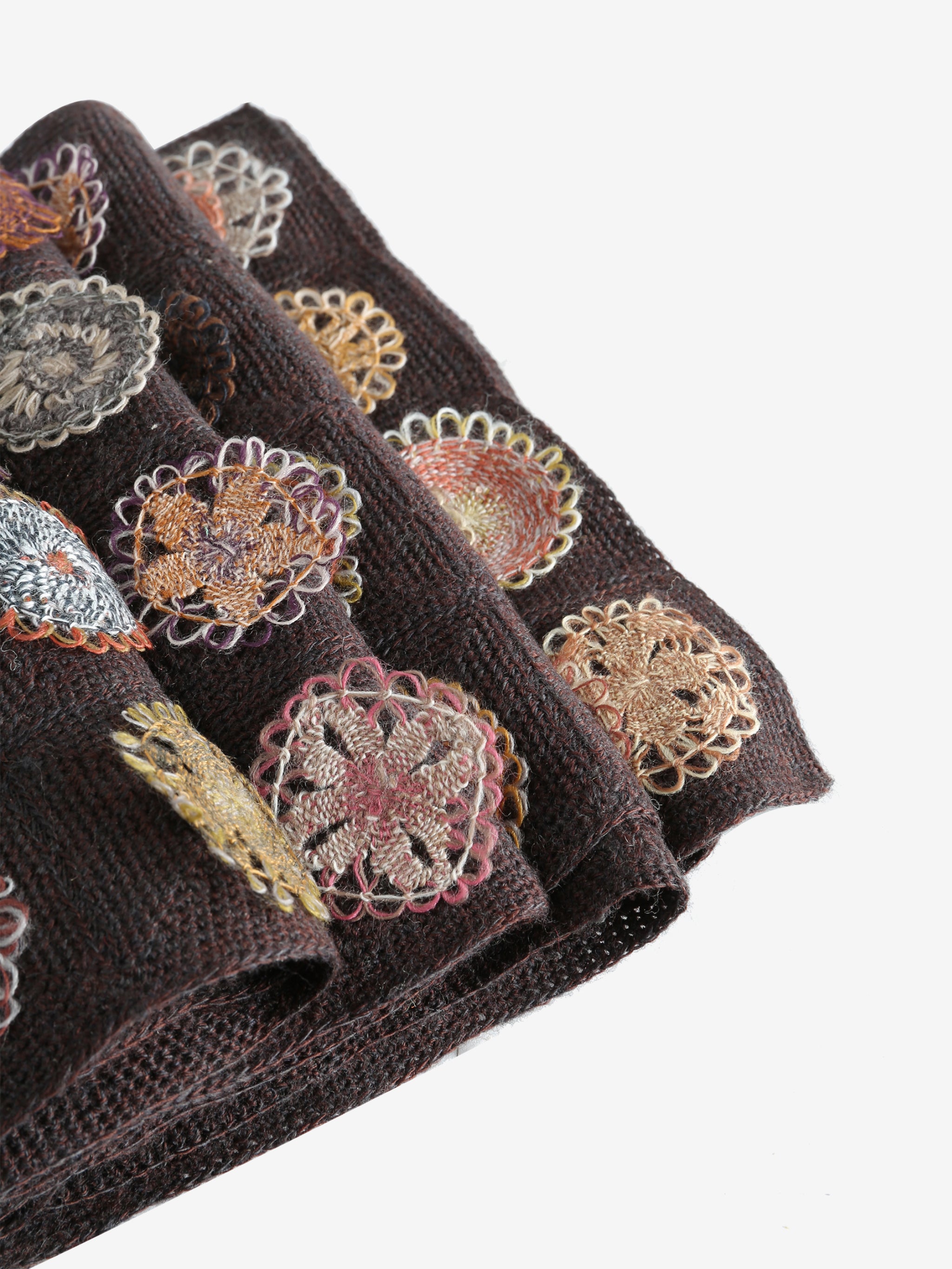 lose up of brown scarves, showing texture of the wool fabric