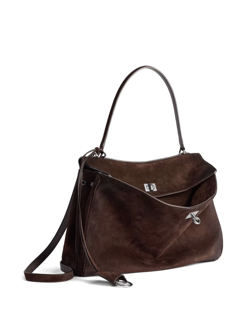 Close up of brown bag, showing texture of the calf suede fabric