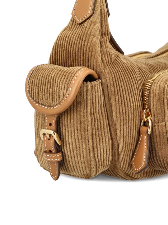 Close up of brown bag, showing texture of the cotton fabric